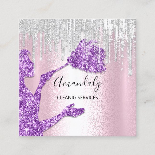 Maid House Cleaning Services Logo Grey Drip Purple Square Business Card (Front)