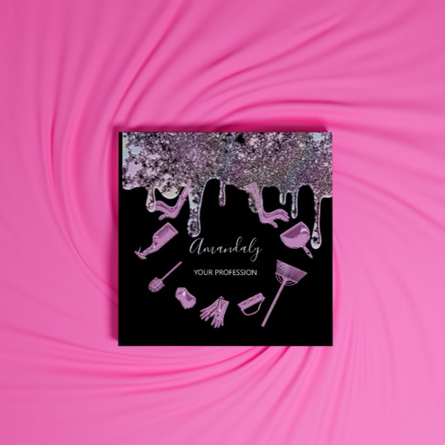 Maid House Cleaning Services Logo Holograph Black Square Business Card (Creator Uploaded)