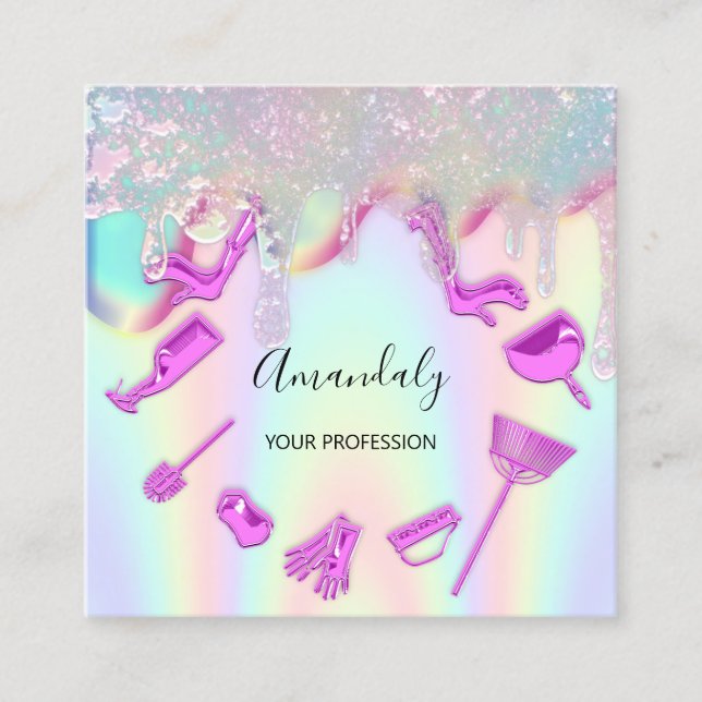 Maid House Cleaning Services Logo Holograph Drips Square Business Card (Front)