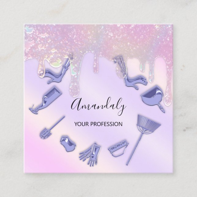 Maid House Cleaning Services Logo Purple Pastel Square Business Card (Front)
