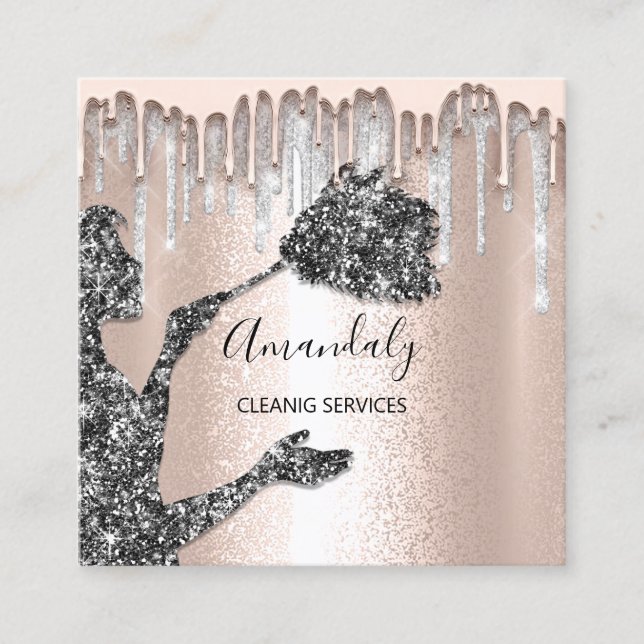Maid House Cleaning Services Logo Silver Drip Grey Square Business Card (Front)