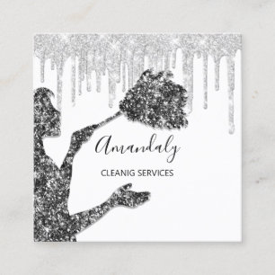 Maid House Cleaning Services Logo Silver Grey Drip Square Business Card