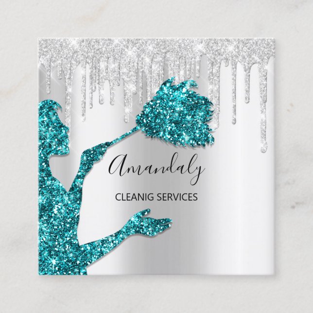 Maid House Cleaning Services Logo Silver Teal Square Business Card (Front)