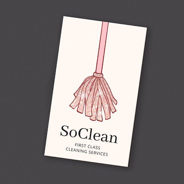 Maid HouseKeeping Services Rose Gold Glitter Mop Business Card (Creator Uploaded)
