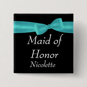 MAID OF HONOR Aqua Bow Wedding Custom Name Y123 2 Inch Square Button
