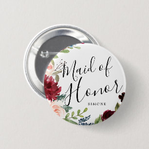 Maid of Honor Burgundy Bouquet Custom Wedding 2 Inch Round Button