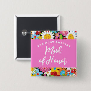 MAID OF HONOR Cute Spring Flowers Wedding Name Tag 2 Inch Square Button