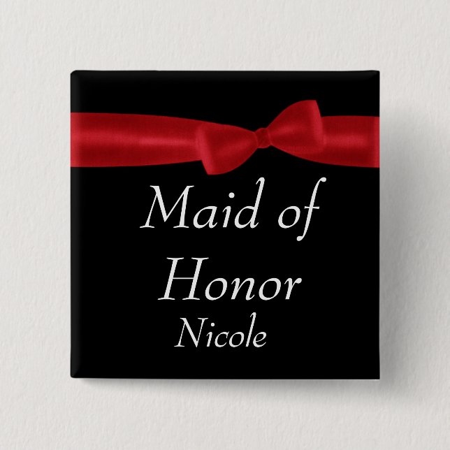 MAID OF HONOR Red Bow Wedding Custom Name 2 Inch Square Button (Front)
