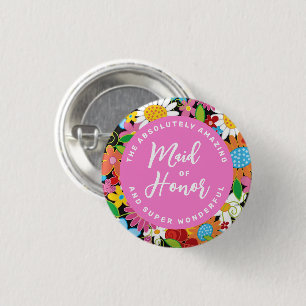 MAID OF HONOR Spring Flowers Chic Wedding Name Tag 1 Inch Round Button