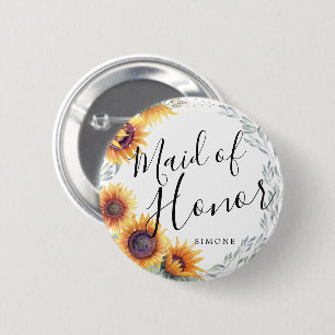 Maid of Honor Sunflower Florals Custom Wedding 2 Inch Round Button