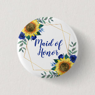 Maid of Honor Sunflower Geometric Blue Floral 1 Inch Round Button