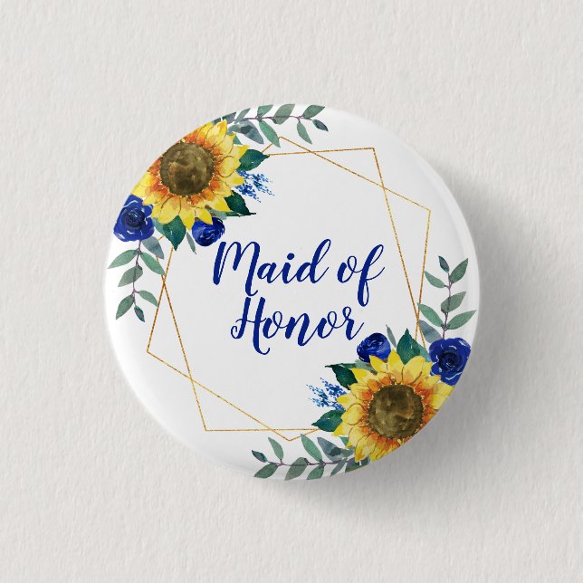 Maid of Honor Sunflower Geometric Blue Floral 1 Inch Round Button (Front)