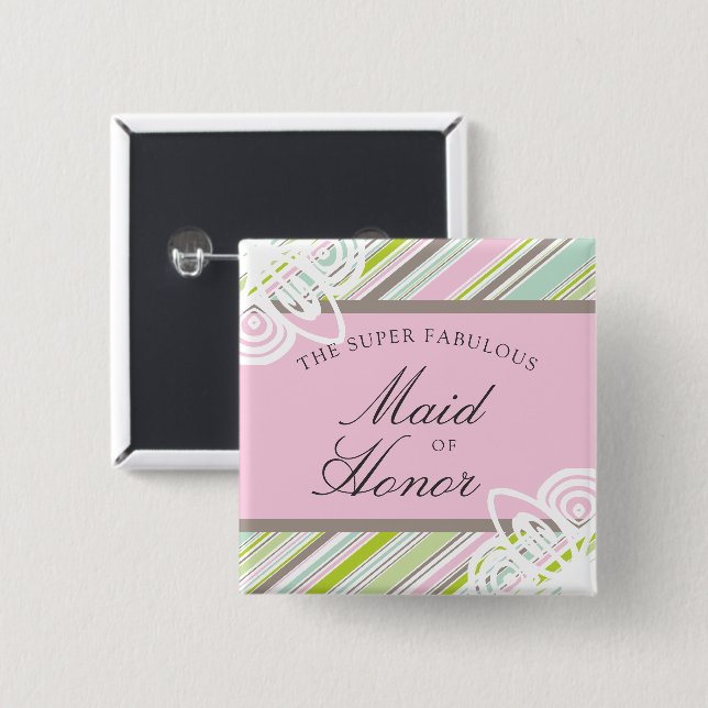 MAID OF HONOR Sweet Garden Stripe Wedding Name Tag 2 Inch Square Button (Front & Back)