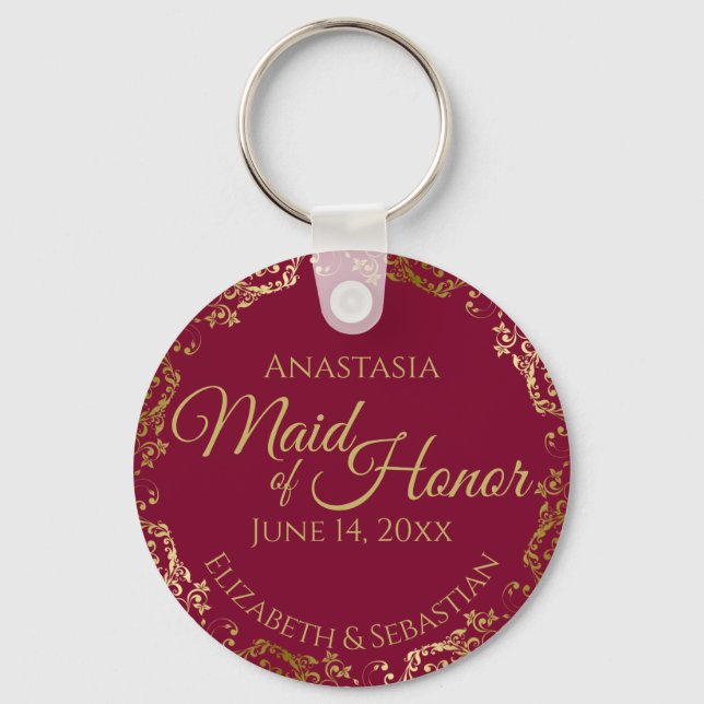 Maid of Honor Wedding Gift Burgundy Maroon & Gold Keychain (Front)