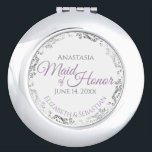 Maid of Honor Wedding Gift Lavender Purple Silver Compact Mirror<br><div class="desc">These compact mirrors are designed to give as favors to the Maid of Honor in your wedding party. Designed to coordinate with our Purple & Gray Elegant Wedding Suite, they feature a simple yet elegant design with a white background, Purple & Gray, and a silver faux foil floral border. Perfect...</div>