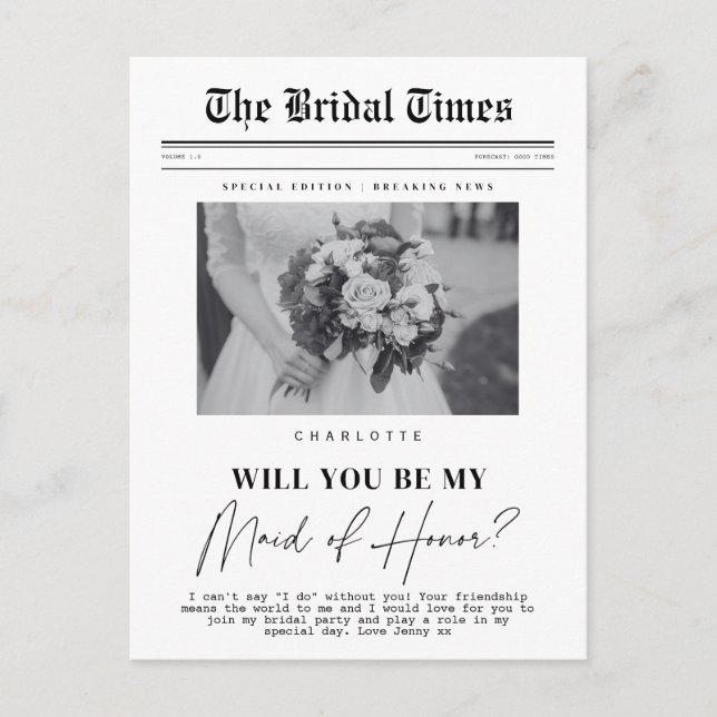 Maid of Honour asking, customizable Newspaper  Postcard (Front)