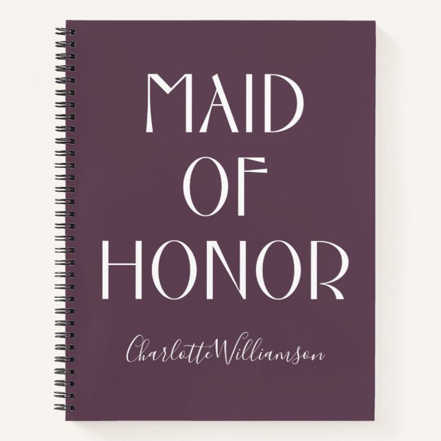 Maid of Honour Aubergine Typography Name Wedding Notebook (Front)