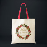 Maid of Honour Autumn Floral Elegant Wedding Tote Bag<br><div class="desc">This beautiful tote bag is designed as a gift for your Maid of Honour. It features a wreath of vintage flowers in deep rich autumn colours including red, coral, orange and plum. The lacy gold text reads "Maid of Honour" and there is a place to enter her name. Perfect swag...</div>