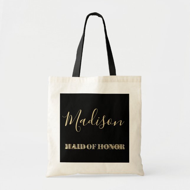 Maid of Honour Black Gold Glitter Typography Tote Bag (Front)