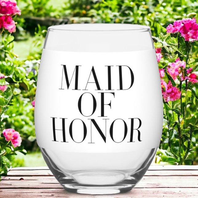 Maid of Honour Black Modern Elegant Personalized  Stemless Wine Glass (Creator Uploaded)