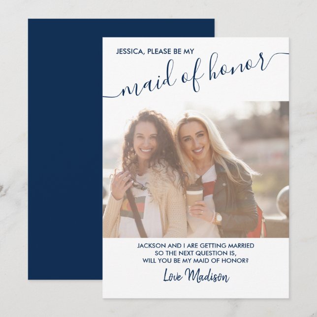 Maid of Honour Blue and White Photo Proposal Card (Front/Back)