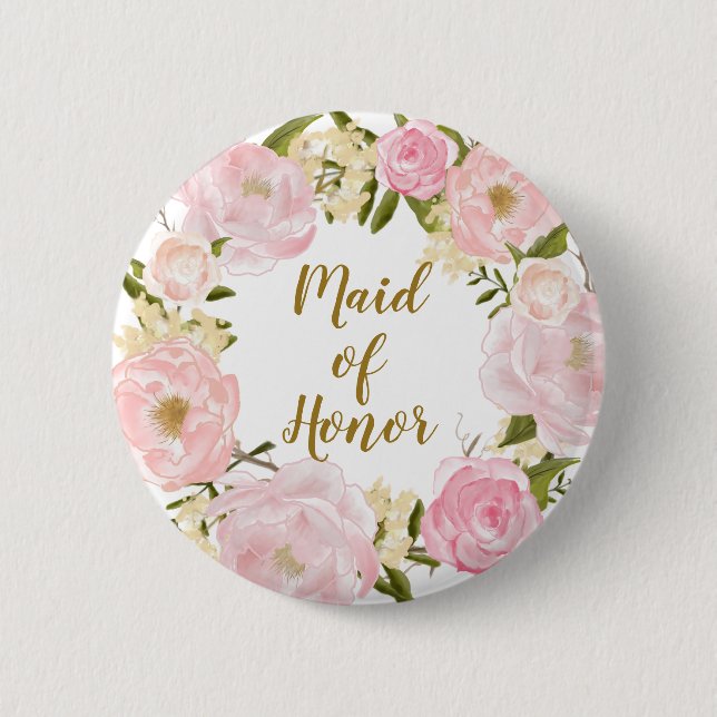 Maid of Honour Blush Pink Floral Round Badge 2 Inch Round Button (Front)