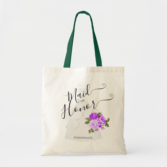 Maid Of Honour - Bridal Party - Purple Flowers Tote Bag (Front)