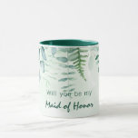 Maid of honour bridesmaid eucalyptus greenery mug<br><div class="desc">A green,  white watercolored background. Decorated with eucalyptus greenery foliage and woodland fern. With the text: Will you be my Bridesmaid or Maid of honour.</div>