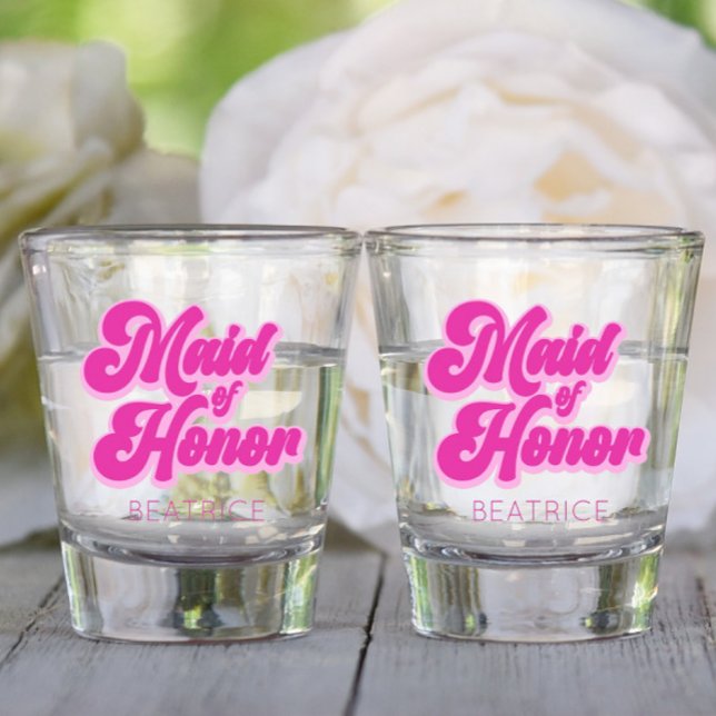 Maid of Honour Bubblegum Pink Retro Custom Name Shot Glass (Creator Uploaded)