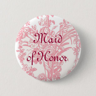 Maid of Honour button on pretty pink floral backgr