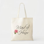 Maid of Honour Calligraphy and Rose Tote Bag<br><div class="desc">A flowing calligraphy design for the Maid of Honour and embellished with a pink rose. This item is a great choice as a wedding favour for the bridal party during events and activities surrounding the wedding.</div>