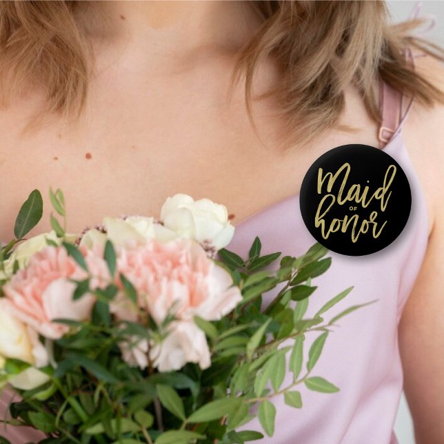 Maid Of Honour Chic Gold Brush Bridal Party Weddin 2 Inch Round Button ('Maid of Honor' Gold Brush Script Calligraphy Wedding Rehearsal Pin Button @ fatfatin_blue_knot)