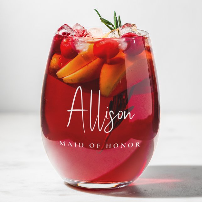 Maid Of Honour Chic White Script Wedding Stemless Wine Glass (Creator Uploaded)