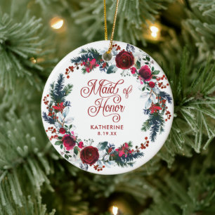 Maid Of Honour Christmas Floral Wreath Personalize Ceramic Ornament