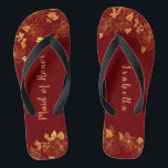 Maid of Honour Dark Burgundy & Gold Foliage  Flip Flops<br><div class="desc">These gorgeous dark burgundy and gold foliage maid of honour flip flops have a dark burgundy background that is adorned with an intricate gold floral greenery pattern and customizable modern typography. The combination of the rich burgundy and the shimmering gold create an elegant and luxurious aesthetic. It's a beautiful gift...</div>
