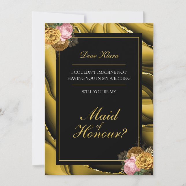 'Maid of Honour' Elegant Floral Gold Proposal Invitation (Front)