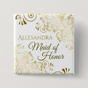 Maid of Honour Elegant Gold Lace Wedding Name Tag 2 Inch Square Button