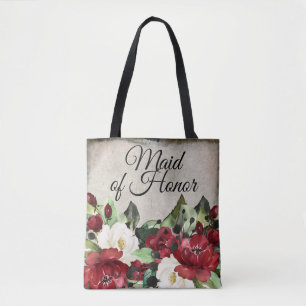 Maid of Honour   Elegant Red Floral Goth Wedding Tote Bag
