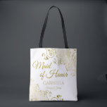 Maid of Honour Elegant Wedding Tote Bag Gold White<br><div class="desc">These Maid of Honour tote bags are designed as favours or gifts for your maid of honour. Great swag bag to fill with favours and gifts. Coordinates with our Gold Foil Elegant Wedding Suite and is fully customizable. Simple design includes gold script text with a floral border over a white...</div>
