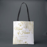 Maid of Honour Elegant Wedding Tote Bag Gold White<br><div class="desc">These Maid of Honour tote bags are designed as favours or gifts for your maid of honour. Great swag bag to fill with favours and gifts. Coordinates with our Gold Foil Elegant Wedding Suite and is fully customizable. Simple design includes gold script text with a floral border over a white...</div>