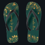 Maid of Honour Emerald Green & Gold Foliage  Flip Flops<br><div class="desc">These gorgeous emerald green and gold foliage maid of honour flip flops feature golden foliage pattern and modern typography on timeless dark green background. It's a beautiful gift for your bridal party. View the collection on this page to find matching items. ♥Customize it with your information. ♥ If you want...</div>