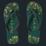 Maid of Honour Emerald Green & Gold Foliage  Flip Flops<br><div class="desc">These gorgeous emerald green and gold foliage maid of honour flip flops feature golden foliage pattern and modern typography on timeless dark green background. It's a beautiful gift for your bridal party. View the collection on this page to find matching items. ♥Customize it with your information. ♥ If you want...</div>