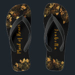 Maid of Honour Emerald Green & Gold Foliage  Flip Flops<br><div class="desc">These gorgeous emerald green and gold foliage maid of honour flip flops feature golden foliage pattern and modern typography on timeless dark green background. It's a beautiful gift for your bridal party. View the collection on this page to find matching items. ♥Customize it with your information. ♥ If you want...</div>