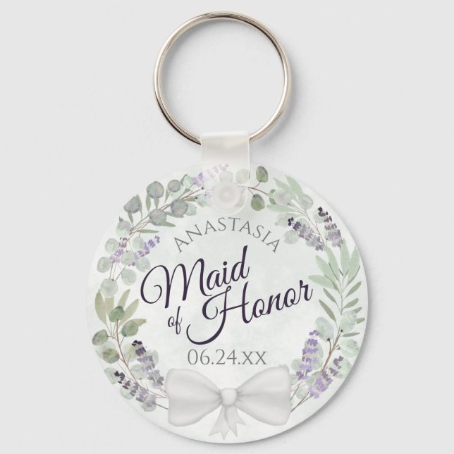 Maid of Honour Eucalyptus Lavender Wreath Wedding Keychain (Front)