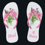 Maid of Honour Floral Bouquet Wedding Flip Flops<br><div class="desc">Pretty pink and white maid of honour's flip flops with graphics of watercolor floral bouquets on each slipper.  Maid of Honour done in pink text is fully customizable to suit your needs.</div>