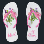 Maid of Honour Floral Bouquet Wedding Flip Flops<br><div class="desc">Pretty pink and white maid of honour's flip flops with graphics of watercolor floral bouquets on each slipper.  Maid of Honour done in pink text is fully customizable to suit your needs.</div>