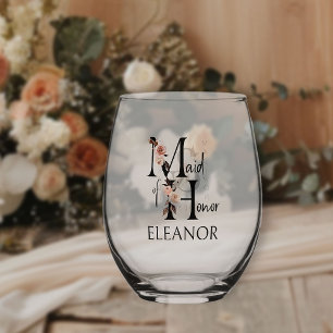 Maid of Honour Floral Letter Bridal Party Wedding Stemless Wine Glass