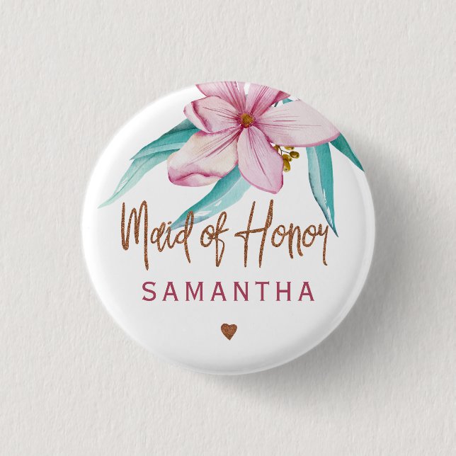 Maid of honour floral pink copper bridal shower 1 inch round button (Front)