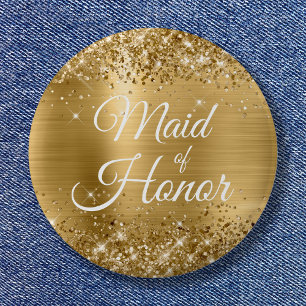 Maid of Honour Glittery Gold Foil 2 Inch Round Button