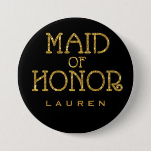 Maid of Honour Gold Faux Glitter Name Tag Button